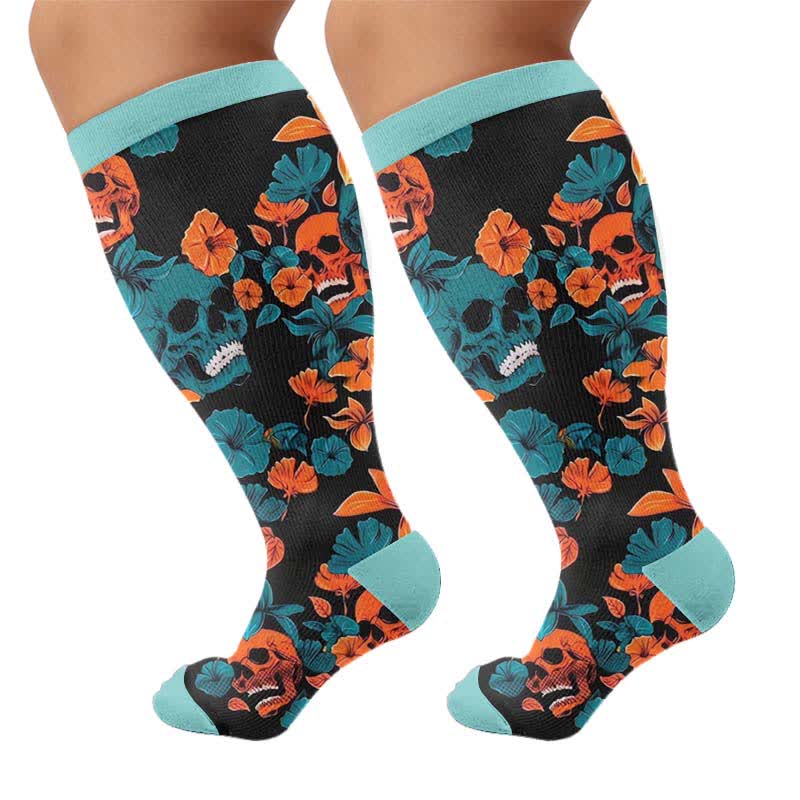 Chaussettes de compression grandes tailles à motif de crâne et fleurs - Bleu (1 paire) - 4XL - image 9