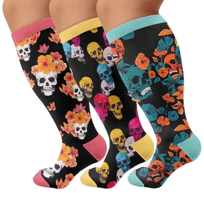 Chaussettes de compression grandes tailles à motif de crâne et fleurs - Multicolore (3 paires) - 4XL - image 4
