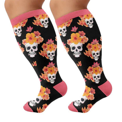 Chaussettes de compression grandes tailles à motif de crâne et fleurs - Rose (1 paire) - 4XL - image 10