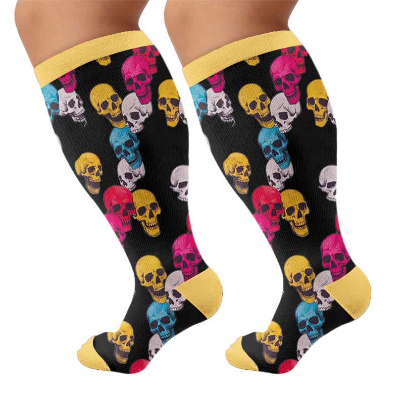 Chaussettes de compression grandes tailles à motif de crâne et fleurs - Jaune (1 paire) - 4XL - image 8