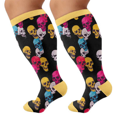 Chaussettes de compression grandes tailles à motif de crâne et fleurs - Jaune (1 paire) - 4XL - image 8