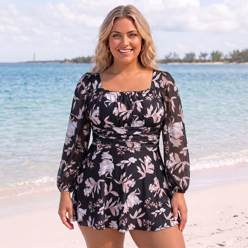 Robe de bain fleurie à col carré - Noir - 7XL - image 0