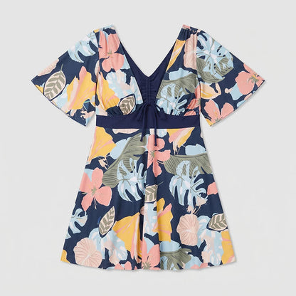 Robe de bain Tropical Bloom à col en V et dos nu - Bleu marine - 4XL - image 10
