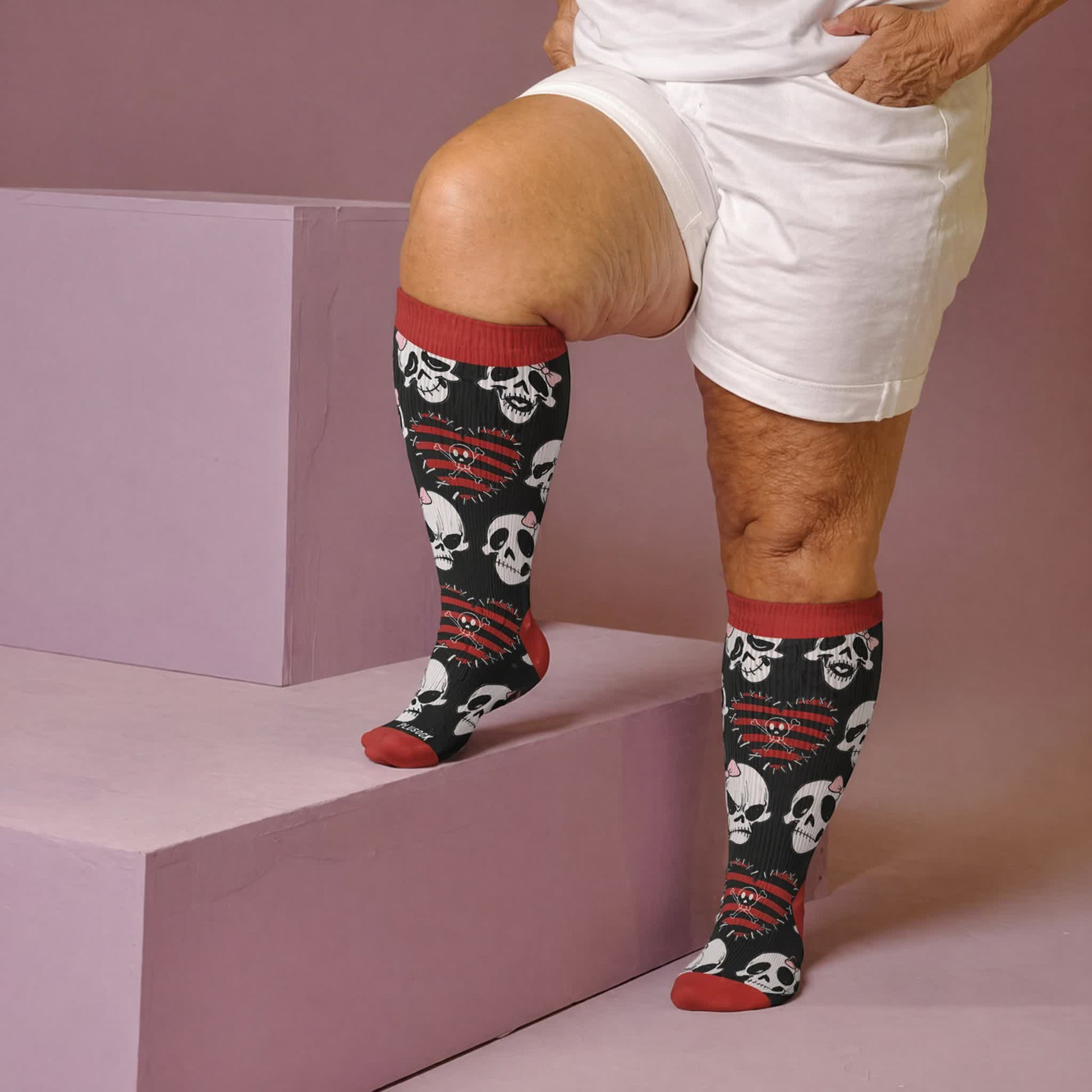 Chaussettes de compression grande taille en forme de cœur, nœud et crâne - Rouge (1 paire) - 4XL - image 2