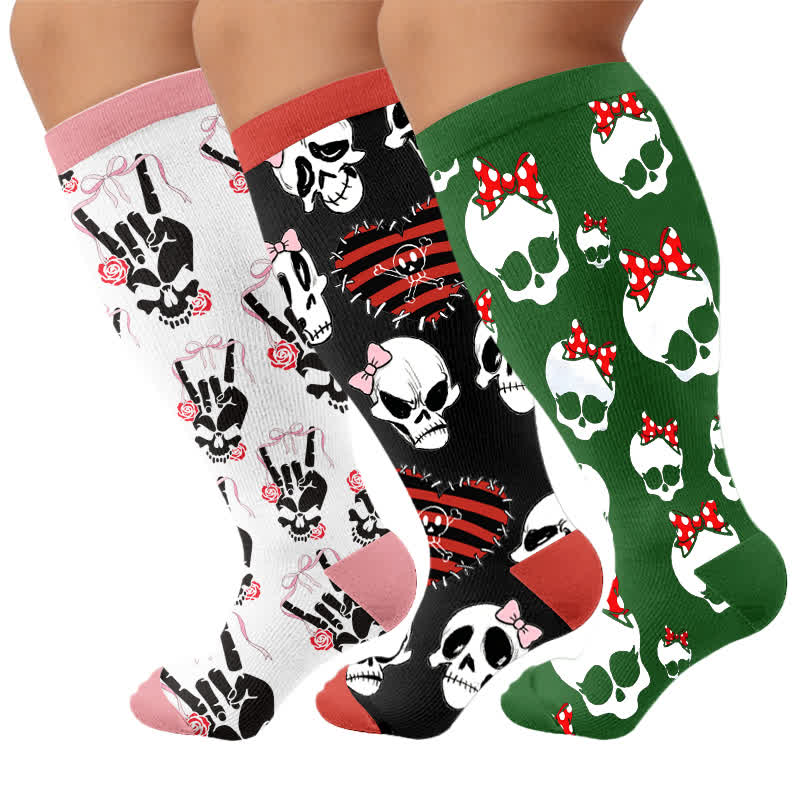 Chaussettes de compression grande taille en forme de cœur, nœud et crâne - Multicolore (3 paires) - 4XL - image 4