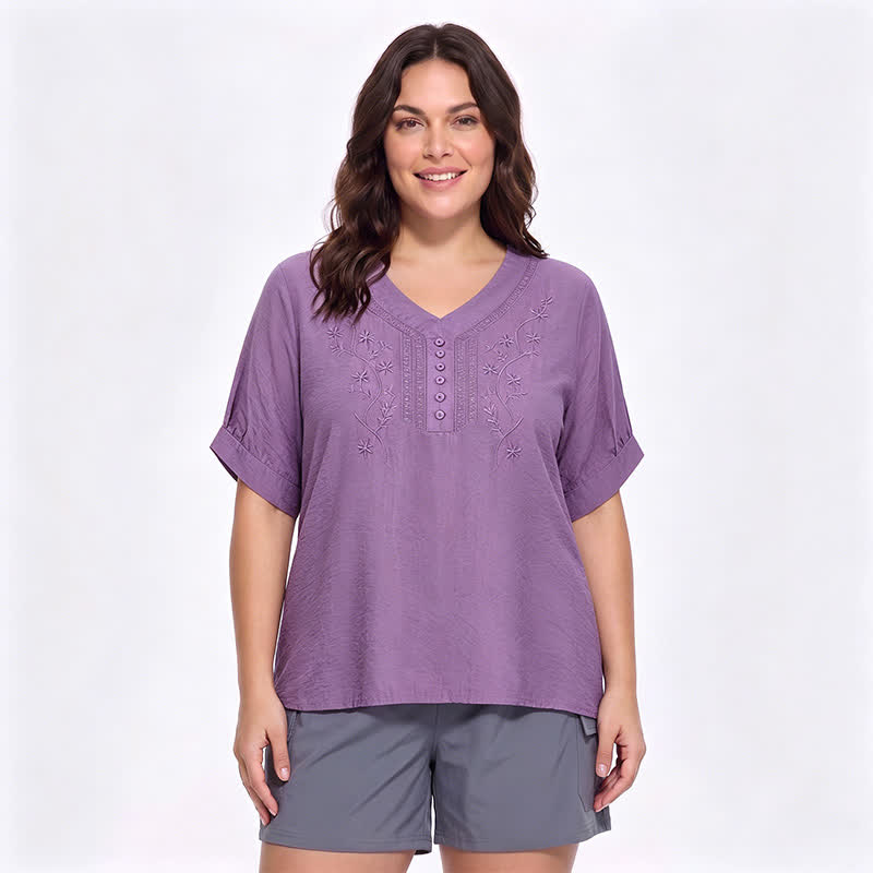 Blouse brodée grande taille décontractée - Violet - 5XL - image 0
