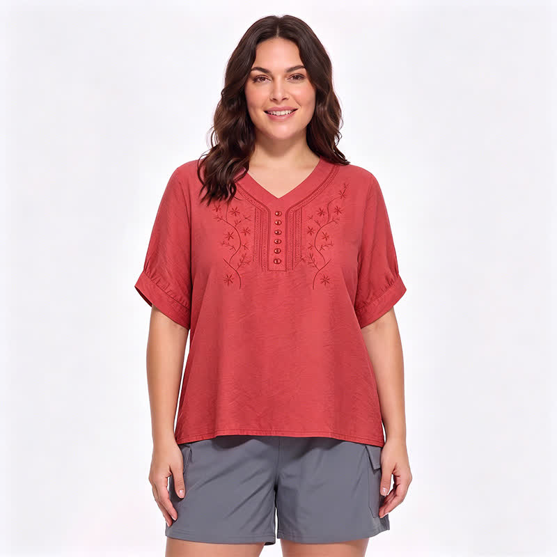 Blouse brodée grande taille décontractée - Orange - 5XL - image 4