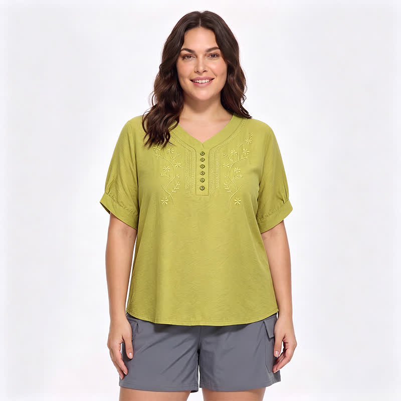 Blouse brodée grande taille décontractée - Jaune - 5XL - image 12