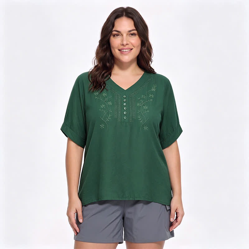 Blouse brodée grande taille décontractée - Vert - 5XL - image 8