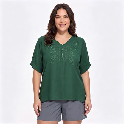 Blouse brodée grande taille décontractée - Vert - 5XL - image 8