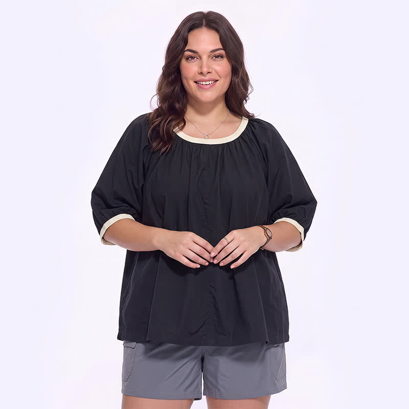 Blouse décontractée à bordures contrastées, idéale au quotidien - Noir - 4XL - image 4