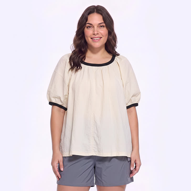 Blouse décontractée à bordures contrastées, idéale au quotidien - Beige - 4XL - image 0