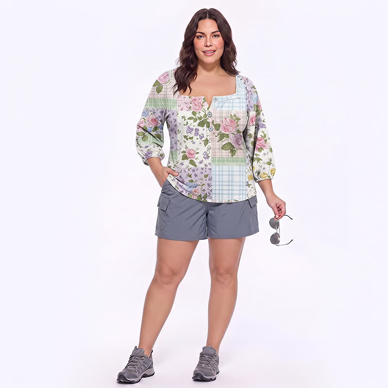 Blouse fleurie grande taille à col carré - image 22