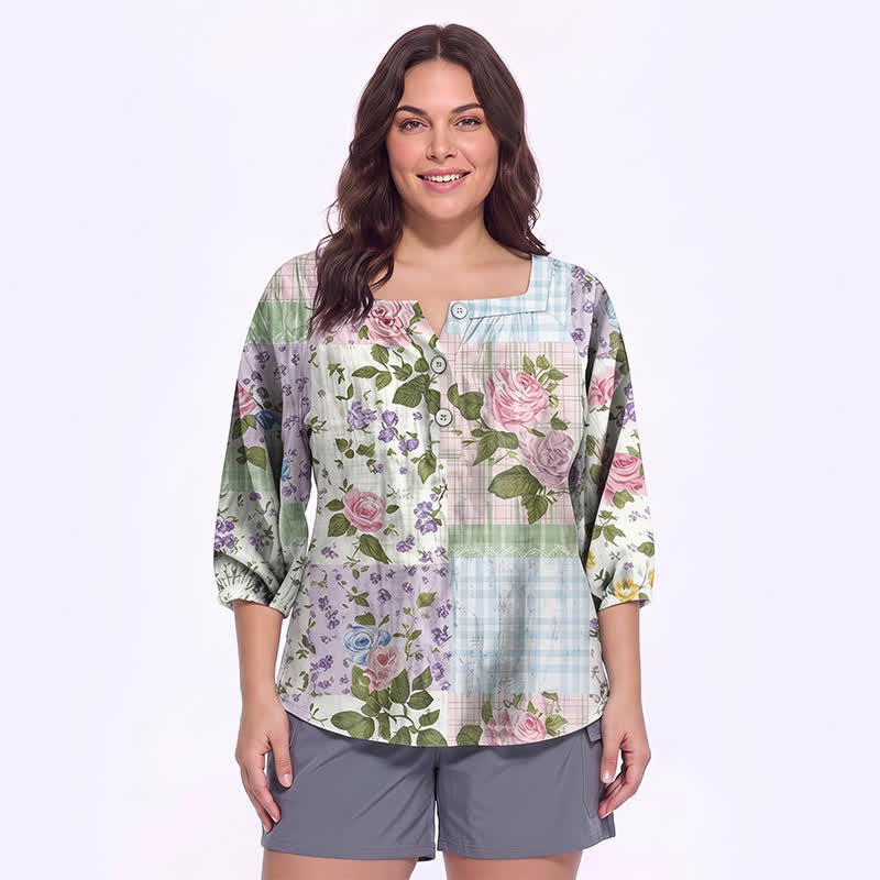 Blouse fleurie grande taille à col carré - E - 5XL - image 20