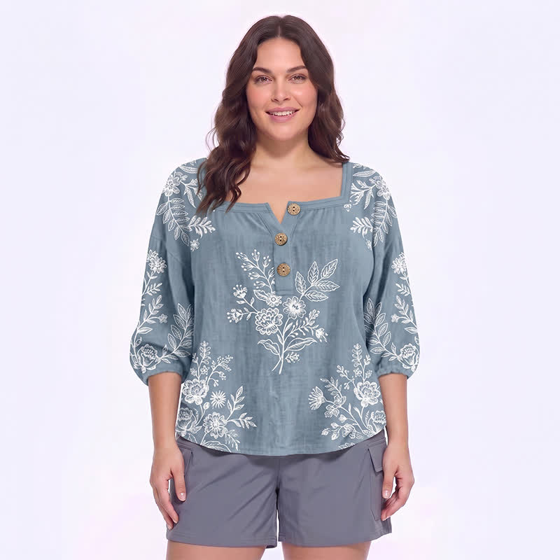 Blouse fleurie grande taille à col carré - D - 5XL - image 8