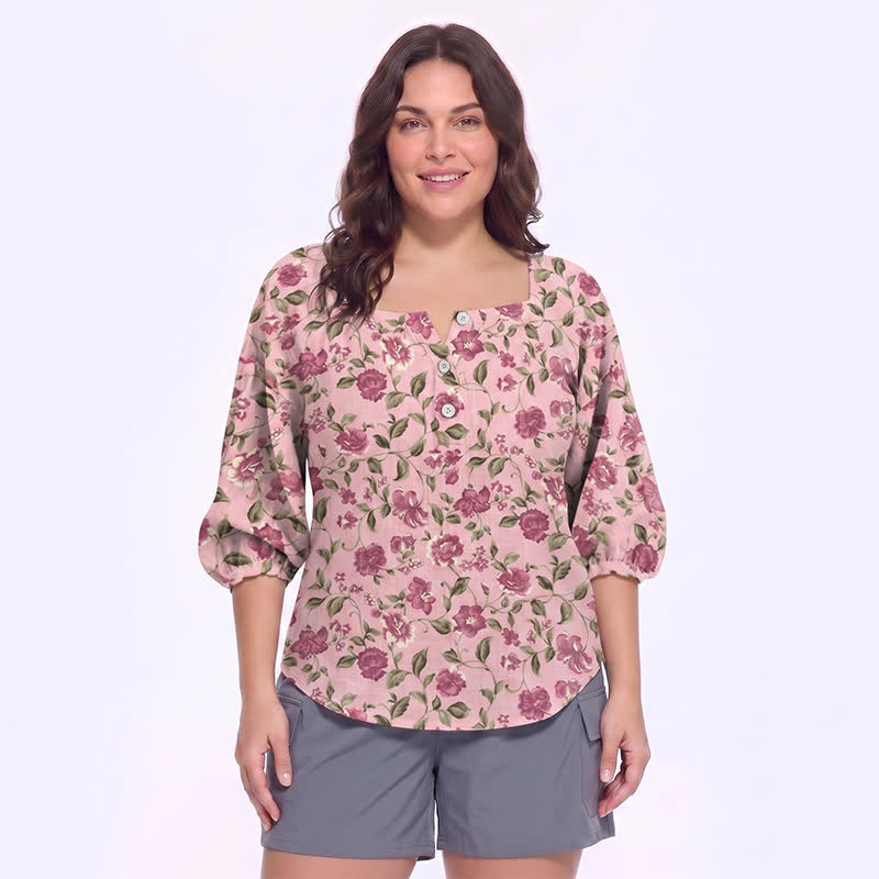 Blouse fleurie grande taille à col carré - C - 5XL - image 16