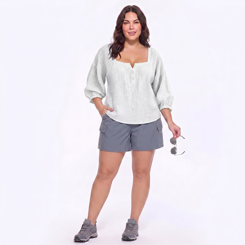 Blouse décontractée grande taille à col carré et boutons sur le devant - image 10