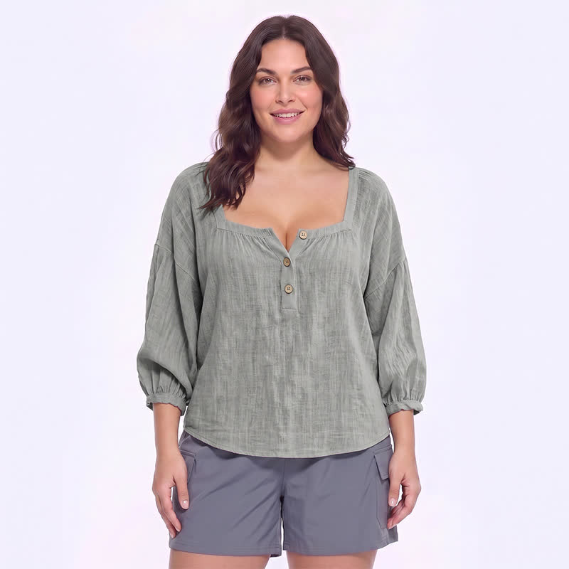 Blouse décontractée grande taille à col carré et boutons sur le devant - B - 5XL - image 12