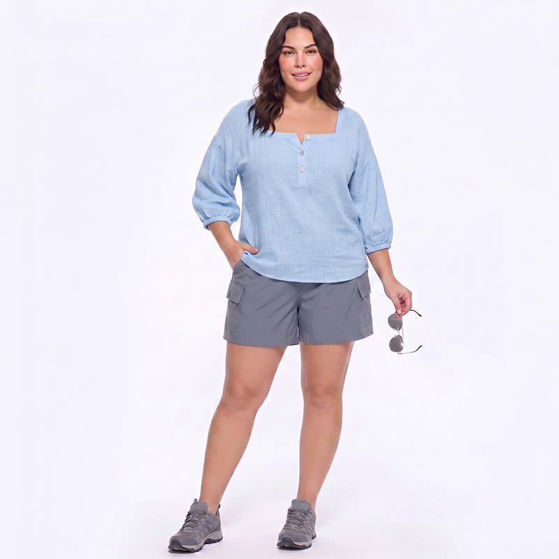 Blouse décontractée grande taille à col carré et boutons sur le devant - image 6