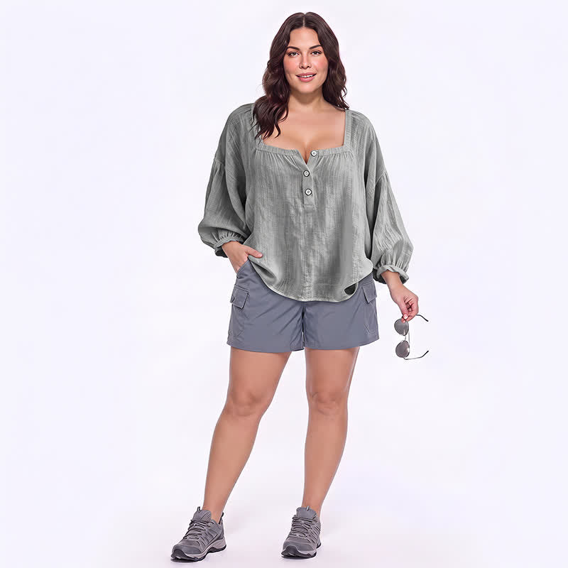Blouse décontractée grande taille à col carré et boutons sur le devant - image 14