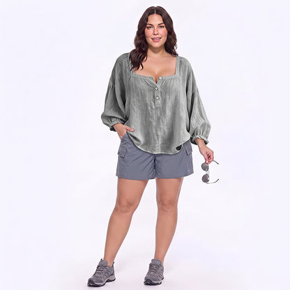 Blouse décontractée grande taille à col carré et boutons sur le devant - image 14