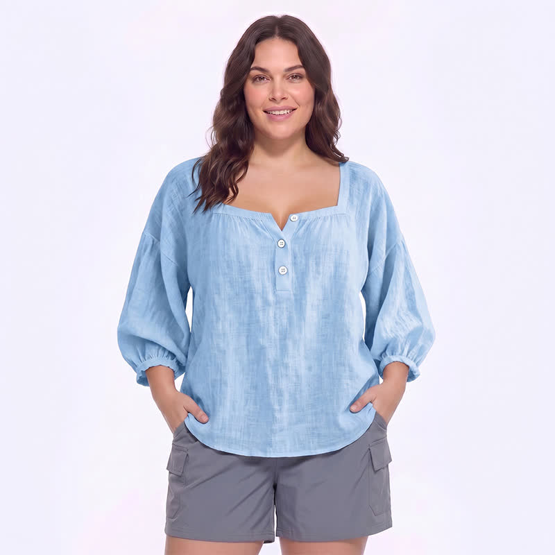 Blouse décontractée grande taille à col carré et boutons sur le devant - C - 5XL - image 4
