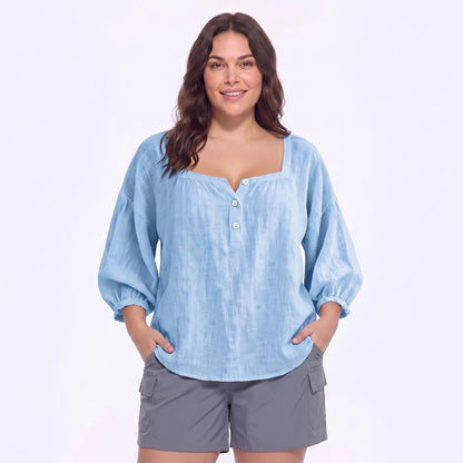Blouse décontractée grande taille à col carré et boutons sur le devant - C - 5XL - image 4