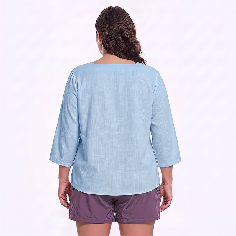 Blouse décontractée grande taille à col carré et boutons sur le devant - image 5