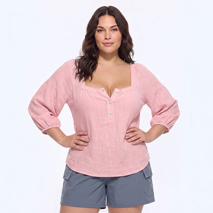 Blouse décontractée grande taille à col carré et boutons sur le devant - UN - 5XL - image 0