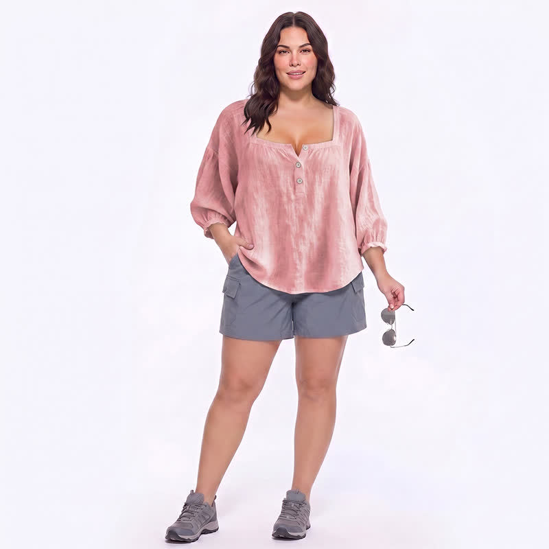 Blouse décontractée grande taille à col carré et boutons sur le devant - image 2