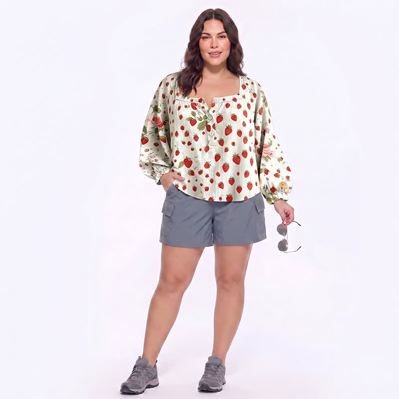 Blouse décontractée grande taille à col carré et boutons sur le devant - image 18
