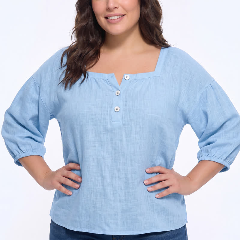 Blouse décontractée grande taille à col carré et boutons sur le devant - image 7