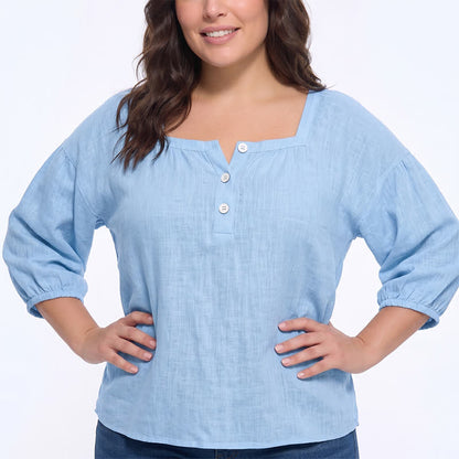 Blouse décontractée grande taille à col carré et boutons sur le devant - image 7
