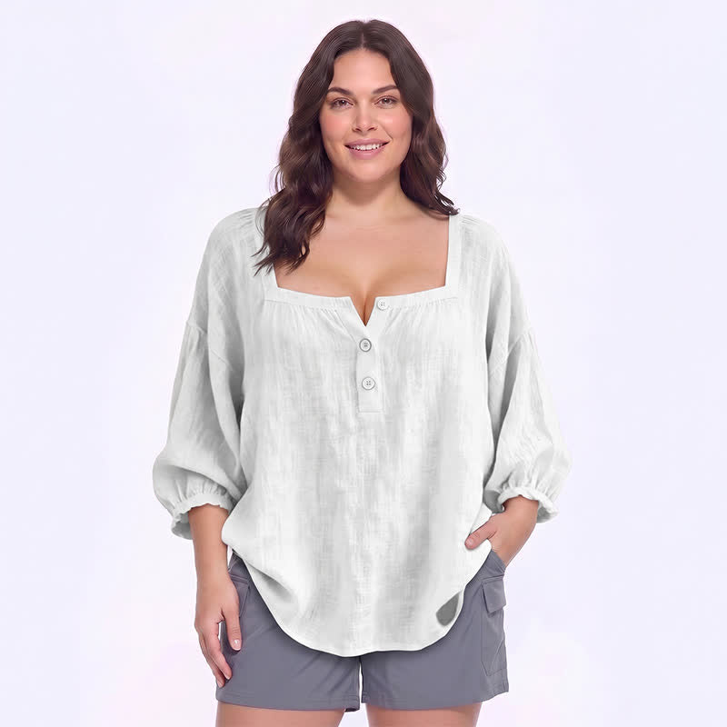 Blouse décontractée grande taille à col carré et boutons sur le devant - D - 5XL - image 8