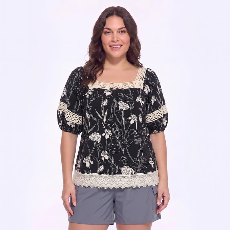 Chemisier vintage en dentelle florale à col carré - Noir - 4XL - image 0