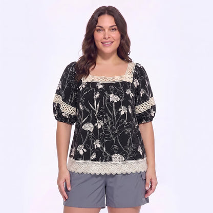 Chemisier vintage en dentelle florale à col carré - Noir - 4XL - image 0