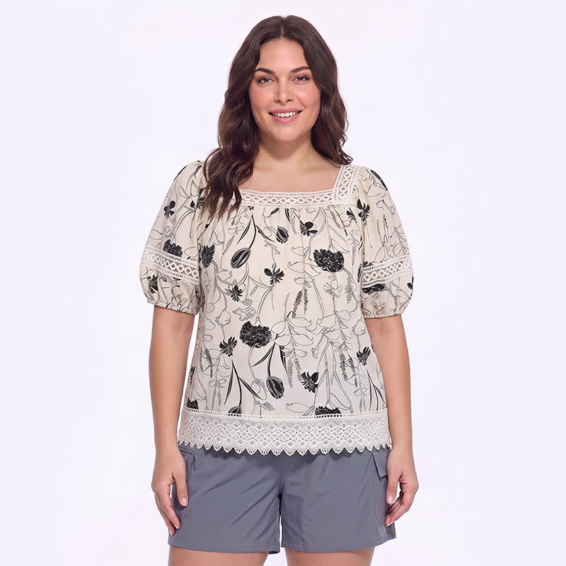 Chemisier vintage en dentelle florale à col carré - Blanc - 4XL - image 4