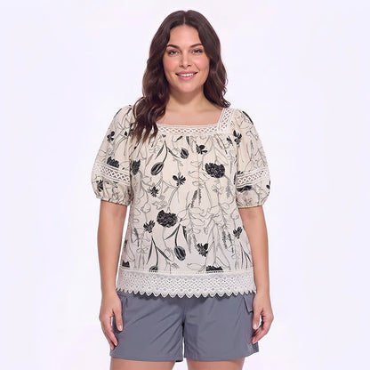 Chemisier vintage en dentelle florale à col carré - Blanc - 4XL - image 4