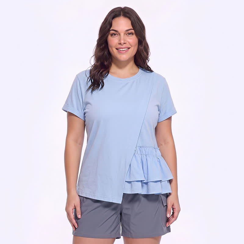 Chemisier asymétrique à volants et manches courtes décontractées - Bleu - 4XL - image 0