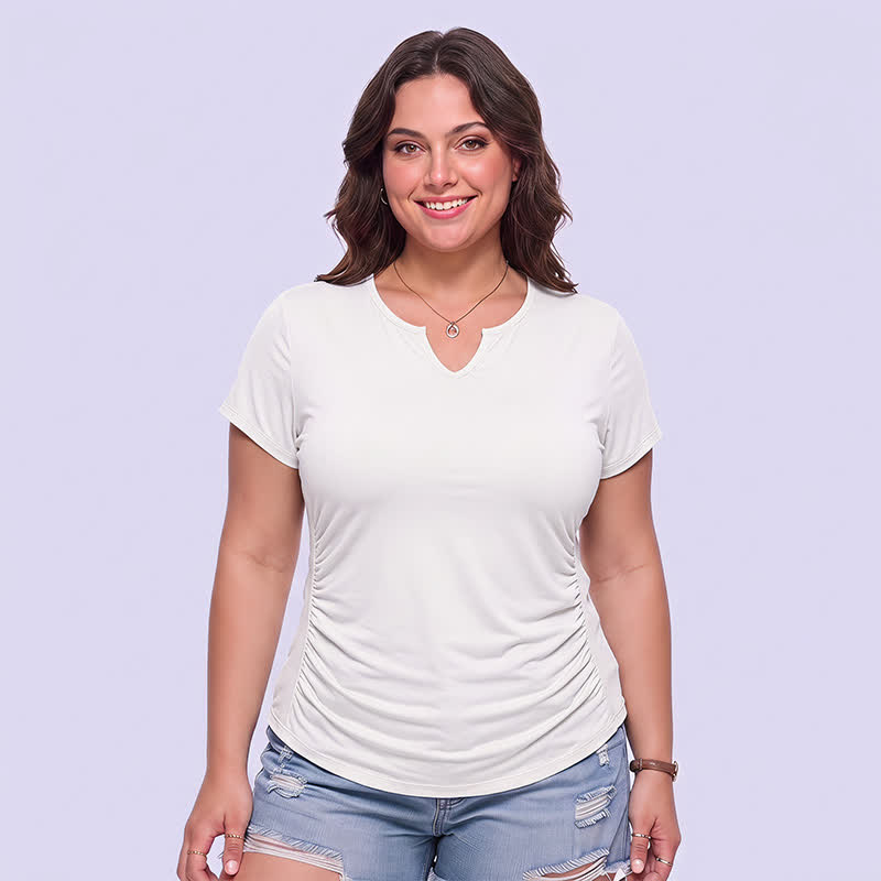 Chemise de sport grande taille à col en V froncé - Beige - 5XL - image 8