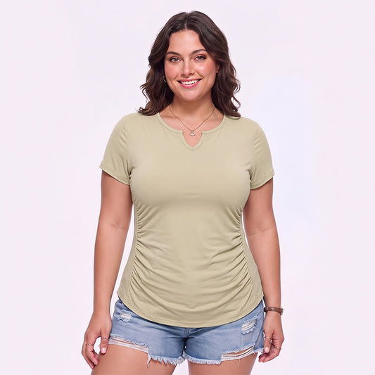 Chemise de sport grande taille à col en V froncé - Kaki - 5XL - image 0