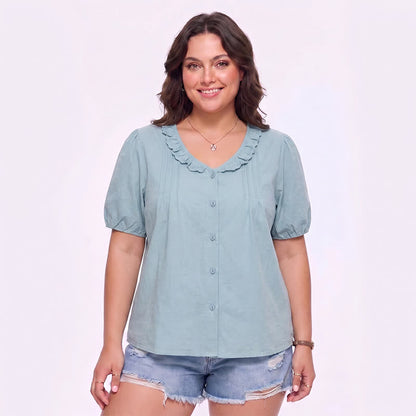 Chemisier à volants et col en V boutonné sur le devant, idéal pour tous les jours - Bleu clair - 4XL - image 0