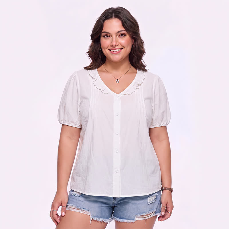 Chemisier à volants et col en V boutonné sur le devant, idéal pour tous les jours - Blanc - 4XL - image 3