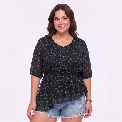 Blouse péplum en mousseline à fleurs grande taille - Bleu - 4XL - image 0