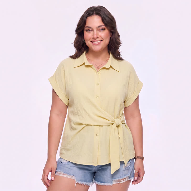 Chemisier d'été léger à taille nouée et col boutonné - Jaune - 3XL - image 0