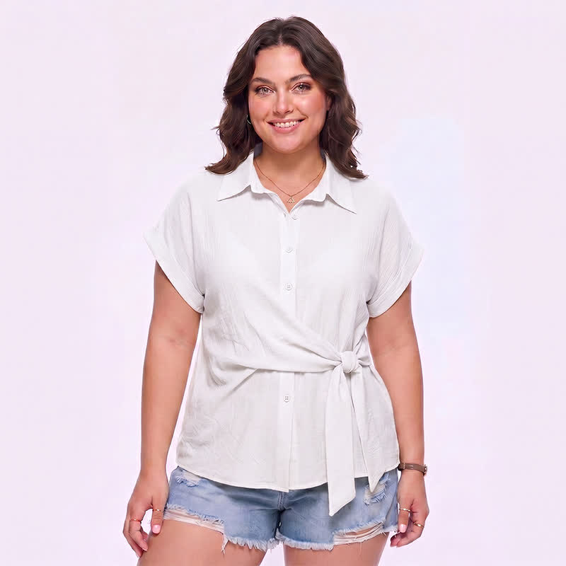 Chemisier d'été léger à taille nouée et col boutonné - Blanc - 3XL - image 8