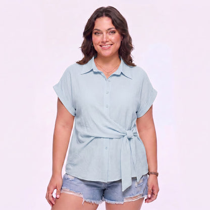 Chemisier d'été léger à taille nouée et col boutonné - Bleu - 3XL - image 4