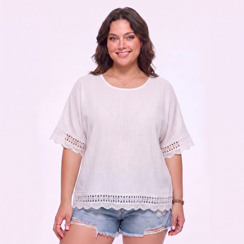 Chemisier à manches courtes et bordure en dentelle grande taille - Blanc - 3XL - image 0