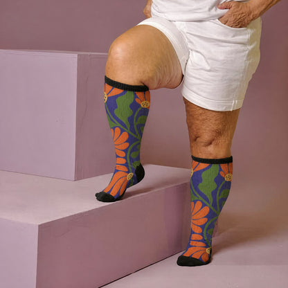 Chaussettes de compression grandes tailles à fleurs épanouies - Violet (1 paire) - 4XL - image 1