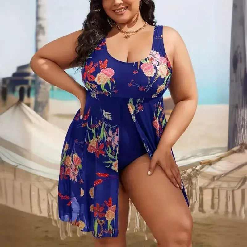 Robe de bain une pièce fluide en maille à col en U - Bleu foncé - 5XL - image 1